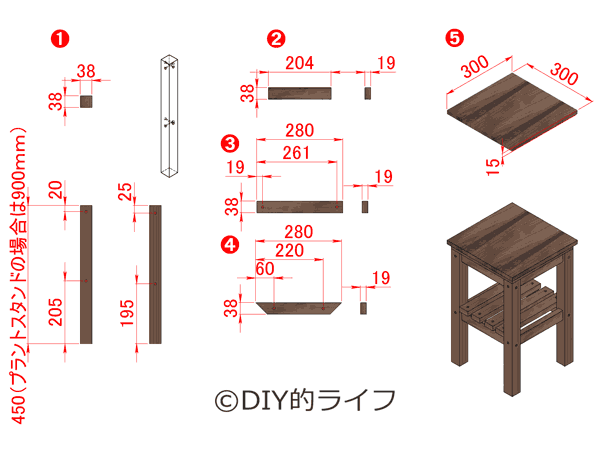 DIY サイドテーブル寸法図